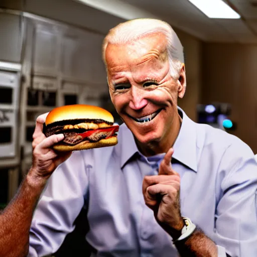 Prompt: large joe biden in space eating hamburgers