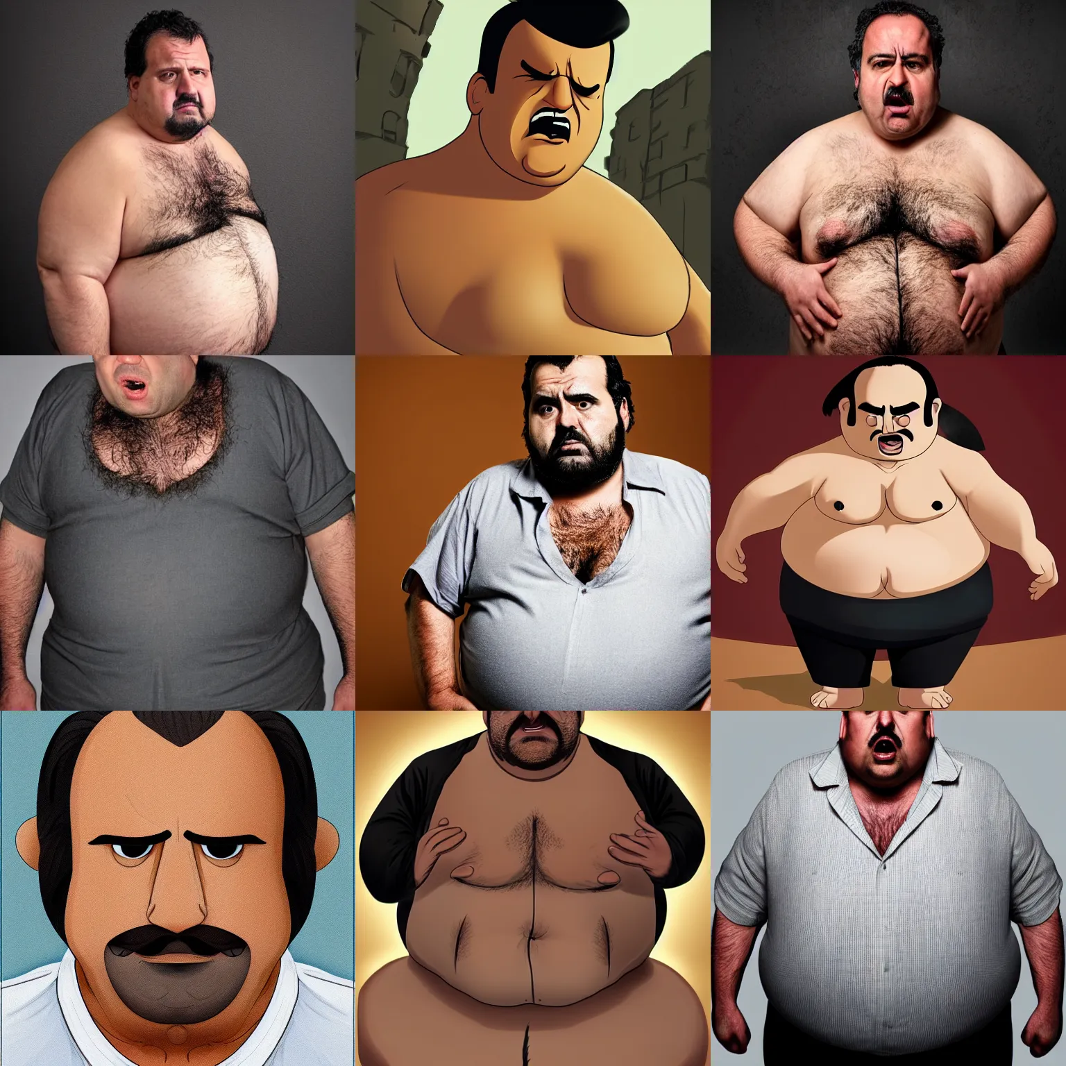 Prompt: character portrait : obese man with olive skin. black hair, balding with a comb over. light shirt unbuttoned. extremely hairy chest. greek. angry.
