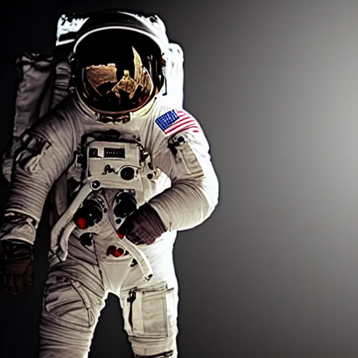 Prompt: photograph of an astronaut against the pitch black darkness of space, full body photo, amazing light and shadow contrast,, 8 k