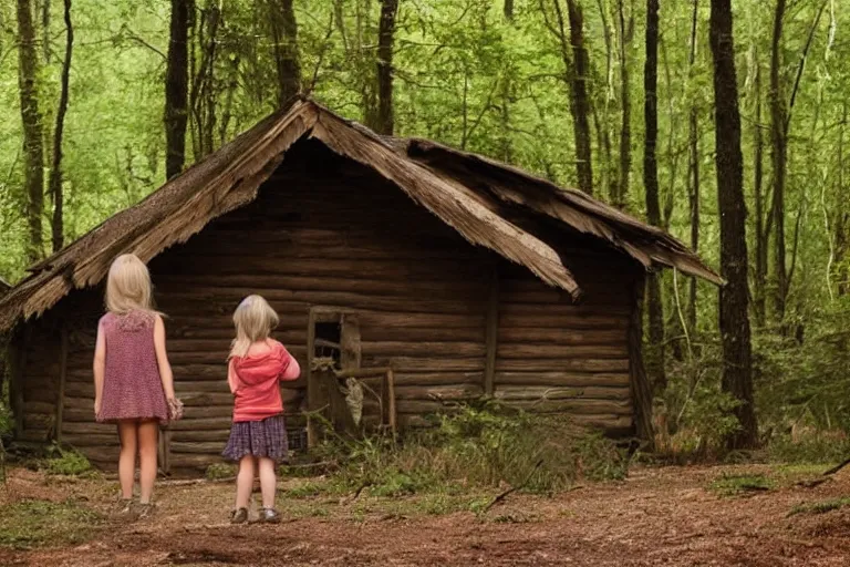 Image similar to a girl and his brother that is lost in the middle of a forest, infront of them is a mysterious dirty dusty cabin wooden house