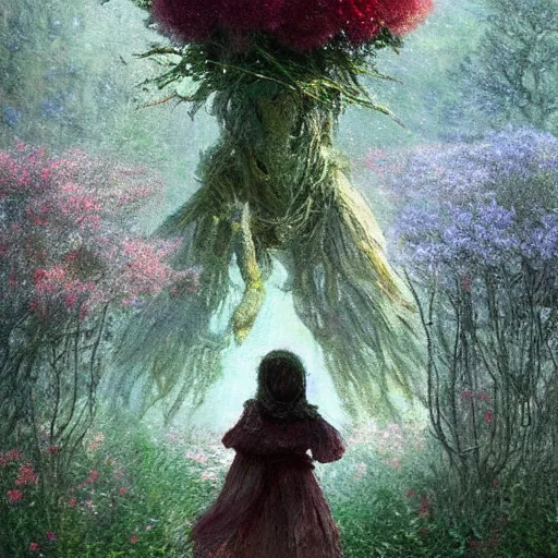 Image similar to a gigantic beautiful terrifying monster made of flowers looms over a tiny human. ethereal horror fantasy art by greg rutkowski and magali villanueve and monet