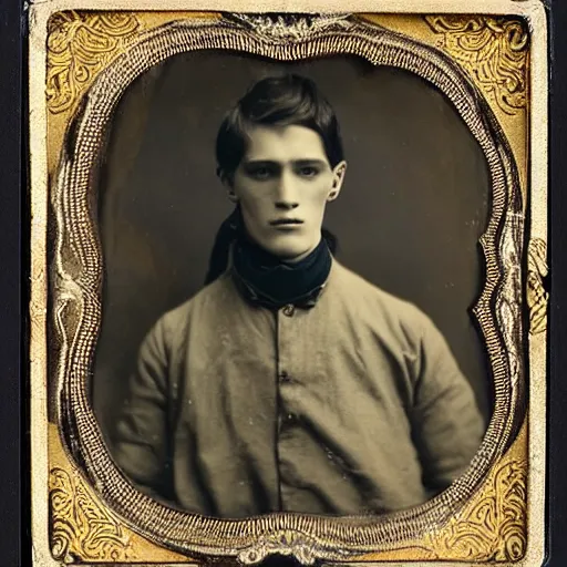 Image similar to tintype photo of alyosha karamazov, handsome young russian student, by julia margaret cameron 1 8 8 0 s, realistic, body shot, sharp focus, 8 k high definition, insanely detailed, intricate, elegant