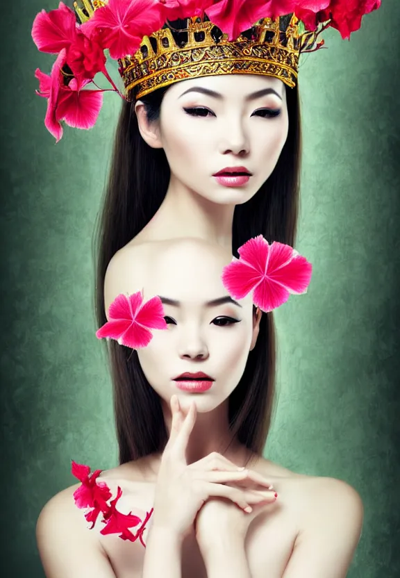 Prompt: beautiful oriental woman with gorgeous crown, symmetrical portrait, realistic, full body, white snake wrapped around body, hibiscus rosa - sinensis, rich in detail, by wlop