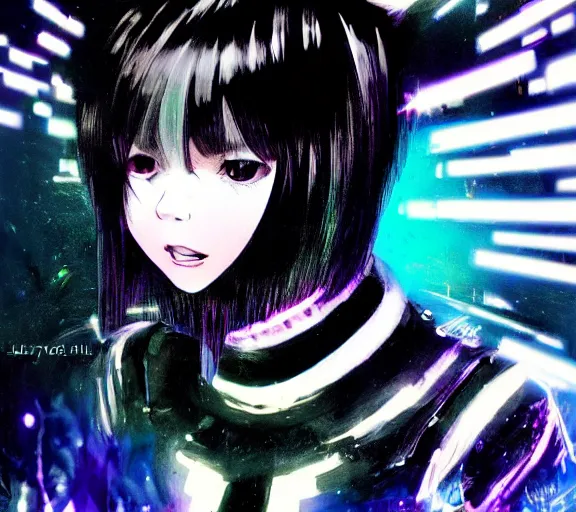 Prompt: very beautiful closeup portrait of a black bobcut hair style futuristic cat halfling in a blend of manga - style art and photorealism, augmented with vibrant composition and color, all filtered through a cybernetic lens, by hiroyuki mitsume - takahashi and noriyoshi ohrai and annie leibovitz, dynamic lighting, flashy modern background with black stripes