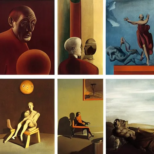 Image similar to the problem of evil, philosopy, by de chirico, by dali, by paula rego, by neo rauch