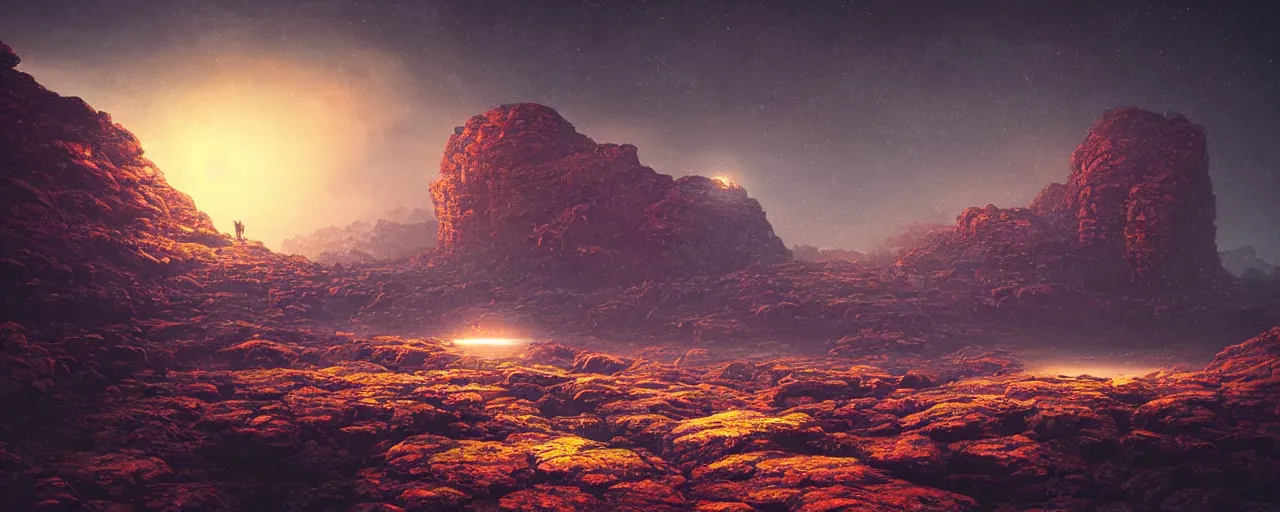 Image similar to ” rocky landscape at pitchblack moonlit night, [ cinematic, detailed, epic, widescreen, opening, establishing, mattepainting, photorealistic, realistic textures, octane render, art by wlop and paul lehr ] ”