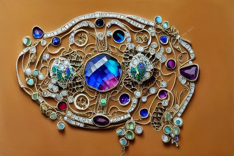 Image similar to highly detailed oil painting, very realistic gemstones, top view, art nouveau, ornate, delicate, brilliant precious gemstones necklace, dramatic light,