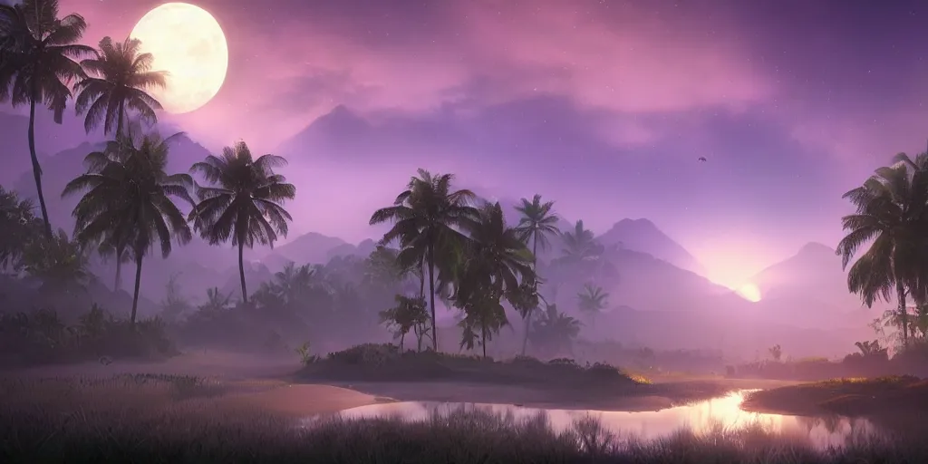 Image similar to dreamy moonlit landscape of a kerala village, realistic detailed digital art by Maxwell Boas Jessica Rossier Christian Dimitrov Anton Fadeev trending on Artstation CGSociety rendered in Unreal Engine 4k HQ