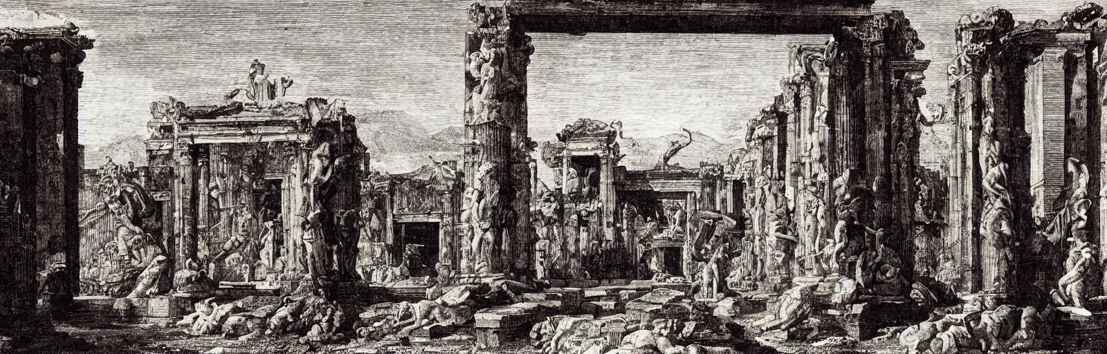 Image similar to a imaginative and theatrical view through the herculaneum gate, pompeii, etching by giovanni battista piranesi