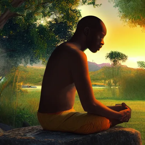 Image similar to contented peaceful haitian!! bodhisattva, praying meditating, in a scenic environment, detailed, golden hour, realism, artstation trending, digital art