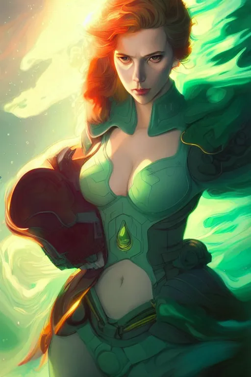 Image similar to style artgerm, joshua middleton, illustration, scarlett johansson as artificer wearing green pelt light armor, anime eyes, blue hair, swirling water cosmos, fantasy, dnd, cinematic lighting