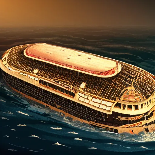 Image similar to a beautiful illustration of a sinking ship that looks like old trafford, frank weston and gustave baumann, trending on artstation, sharp focus, 8 k 4 k