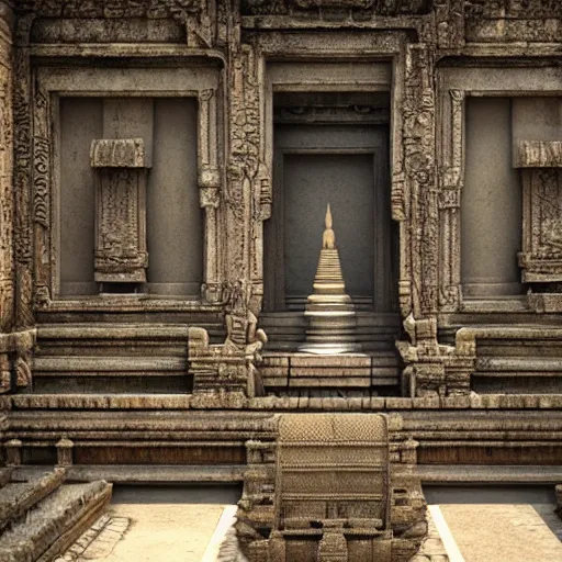 Prompt: 1 6 k unreal engine render of an ancient never seen before thailand high detail temple. complex architecture with intricate pilars. high detailed water., river, jungle background. afternoon light. hyper realistic render, digital illustration, trending on art station