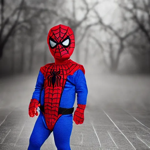 Image similar to realistic photo of baby wearing spiderman costumes