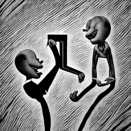 Image similar to a black and white photograph in the style of Jim Henson, Gary Baseman, Robert Crumb, Ernie Bushmiller, Hanna Barbera, Sid and Marty Kroft, photorealism, surreal, high contrast, film photography