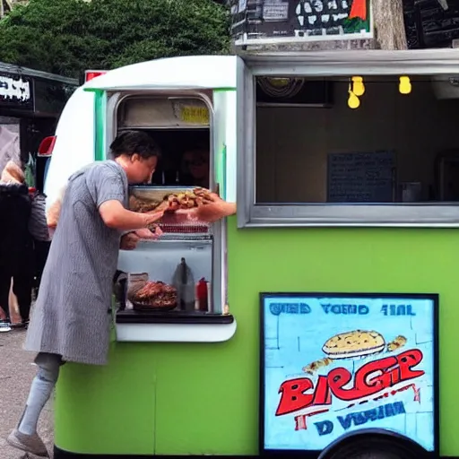 Image similar to “yoda selling burger in a food van”