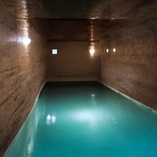 Image similar to overflowing underground pool, surreal, liminal,