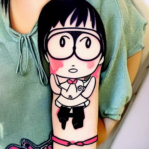 Image similar to a cute manga school girl tattoo by Hayao Miyazaki and Naoko Takeuchi, manga japanese school girl, tattoo on upper arm