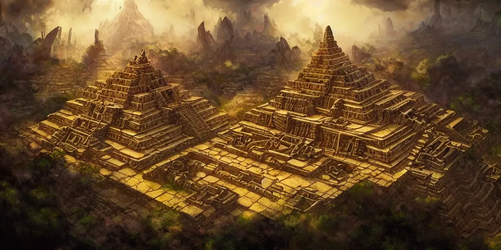 Prompt: axonometric mayan city, by Rolf Armstrong and Evelyn De Morgan and Bastien Lecouffe-Deharme, dramatic lighting, high contrast colors, baroque, empyrean, panoramic view, as trending on Artstation, highly detailed, cryengine,