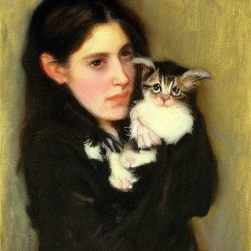 Image similar to “ dark haired girl holding a kitten, very detailed, oil painting, portrait, dark background, by john singer sargent ”