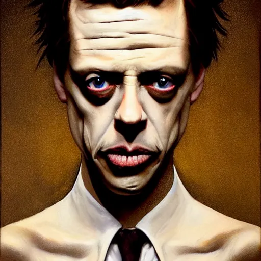 Image similar to hyperrealistic mixed media high resolution painting of (Steve Buscemi) !!Hellraiser!!, stunning 3d render inspired art by Jamie Salmon and István Sándorfi and Greg Rutkowski, perfect facial symmetry, dim volumetric lighting, 8k octane beautifully detailed render, full body shot, post-processing, extremely hyper-detailed, intricate, epic composition, highly detailed attributes, highly detailed atmosphere, cinematic lighting, masterpiece, trending on artstation, very very detailed, masterpiece, stunning, flawless completion, lifelike texture, perfection,