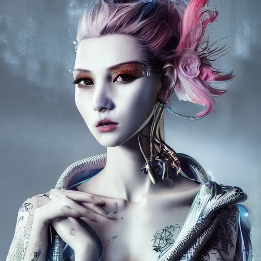 Image similar to the portrait of an absurdly beautiful, graceful, elegant, sophisticated, fashionable cyberpunk gravure idol, an ultrafine hyperdetailed illustration by kim jung gi, irakli nadar, intricate linework, bright colors, porcelain skin, mixed metals, unreal engine 5 highly rendered, fashion photography, global illumination, radiant light, detailed and intricate environment