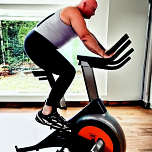 Image similar to chonky bald head with a grey closely shaven beard ethan van sciver working out vigorously on his peloton exercise bike