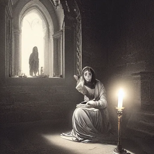 Prompt: baroque gothic woman lit by a single candle Gustave Doré Greg Rutkowski caravaggio 8k resolution concept art mist