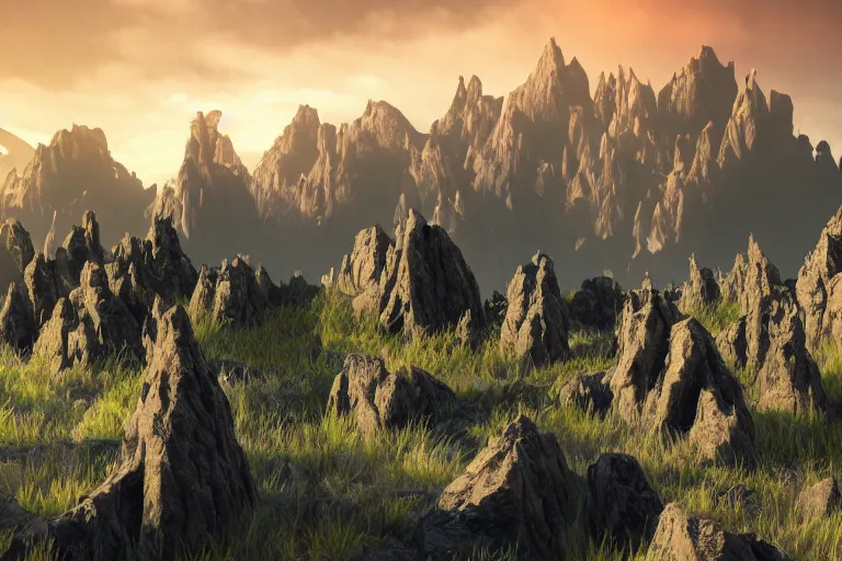 Image similar to an alien landscape featuring towering mountains, strange plants, and an otherworldly sky, 4 k photorealism