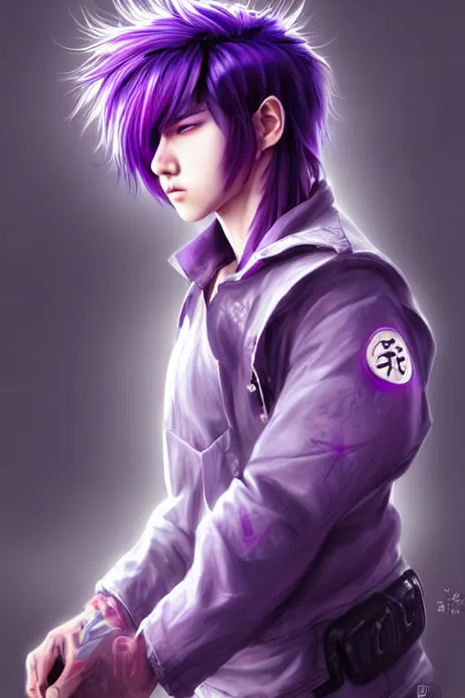 Prompt: gorgeous!!! hyper - realistic teenager boy with purple hair, purple eyes with red eye markets, wearing combat japanese clothes, holding a fan | drawn by wlop, drawn by jeehyung lee, drawn by artgerm | intricate, highly detailed, digital painting, character design, concept art, illustration, artstation