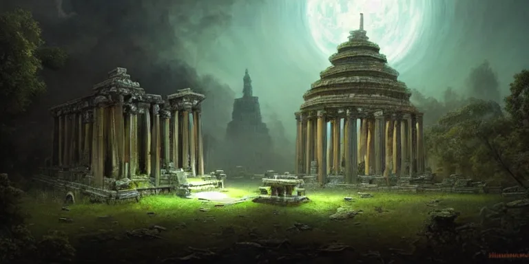 Image similar to beautiful hyperrealistic spectacular painting of the mysterious intricate ruins of the mysterious ancient temple, an advanced alien technology timemachine with a green glowing crystal from the future is inside the temple, by hubert robert and lee madwick and bastien lecouffe deharme, dramatic moonlight lighting, advanced technology