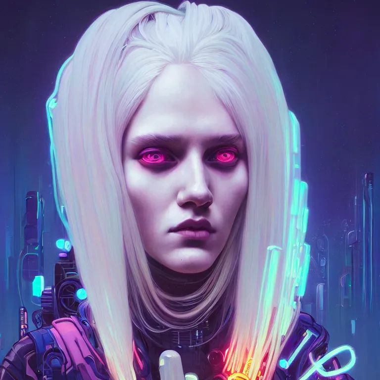 Prompt: a beautiful portrait painting of a ( cyberpunk ) white hair girl by simon stalenhag and pascal blanche and alphonse mucha and nekro and josan gonzalez. in style of digital art. colorful comic, film noirs, symmetry, brush stroke, vibrating colors, hyper detailed. octane render. trending on artstation
