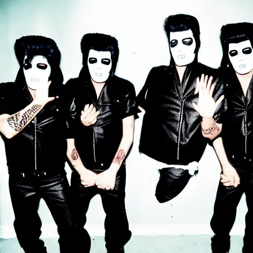 Image similar to elvis presley as a member of slipknot. Band photography, black and white