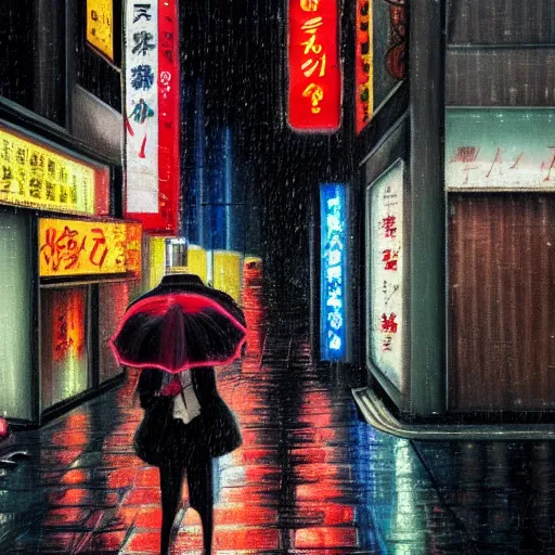 Image similar to a woman holding an umbrella, walking down the streets of tokyo, with neon signs, while it's raining. extremely detailed, oil on canvas. award winning