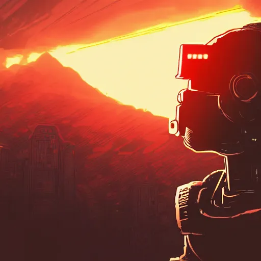 Image similar to in the style of max prentis and deathburger and laurie greasley a close up of a young explorer wearing a cyberpunk headpiece sitting on the head of a giant robot watching the sunset in the distance, highly detailed, 8k wallpaper