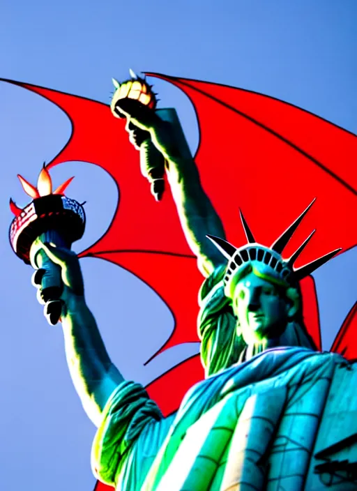 Image similar to red dragon under statue of liberty