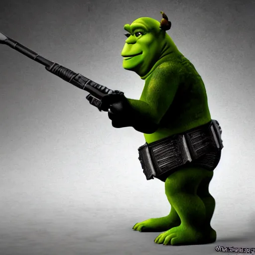 Image similar to Shrek in the style of Darth Vader from Star Wars, realism, against the background of the battlefield, depth of field, focus on Shrek,