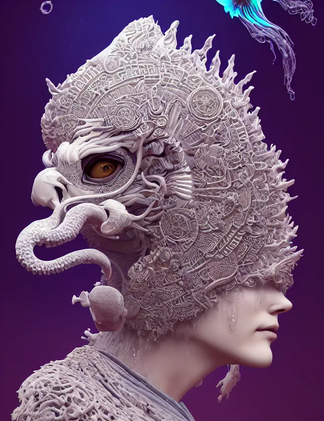 Prompt: 3 d goddess close - up profile portrait of cultist monk in hooded robe with ram skull. beautiful intricately detailed japanese crow kitsune mask and clasical japanese kimono. betta fish, jellyfish phoenix, bio luminescent, plasma, ice, water, wind, creature, artwork by tooth wu and wlop and beeple and greg rutkowski