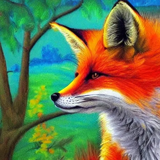 Image similar to retarded fox painting, vivid colors