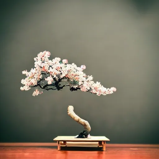 Image similar to a sakura bonsai tree on a desk in a living room, beautiful, high detail, cinematic, instagram,