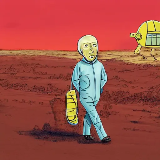 Prompt: drawing of Joe Biden , dressed in an alien costume , walking in the desert , in the style of Simon Stalenhag