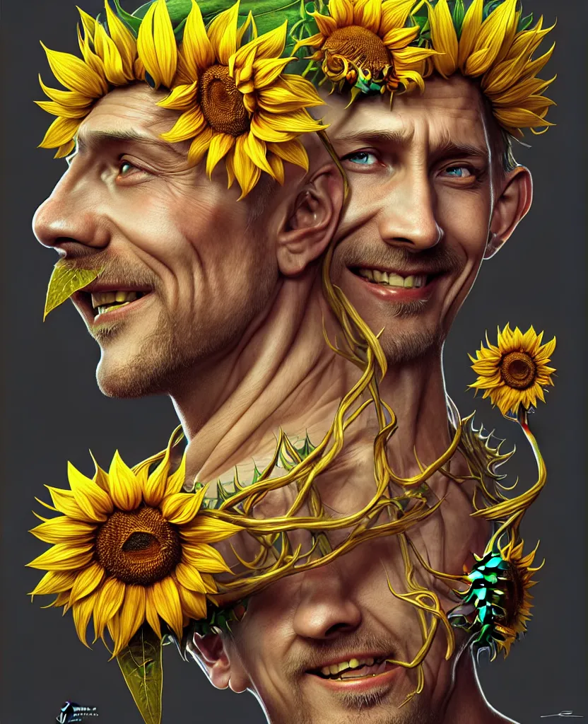 Image similar to digital art, centered full body of Putin smiling king, Sunflower crown, ,intricate, veins, by James Jean and by artgerm , by ross tran ultradetailed, charachter design, concept art, trending on artstation,