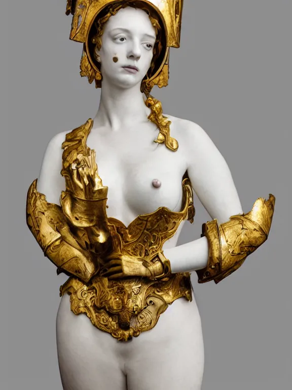 Image similar to a dramatically lit art nouveau white marble head and torso sculpture of a worried young christina hendricks, wearing intricate gold plate armor on her chest and a golden helmet, delicate, intricate, smooth, beautiful, glowing, by charles van der stappen