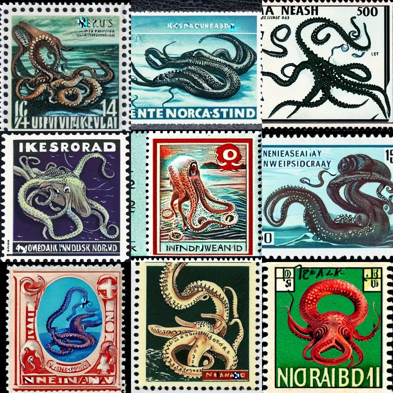 Prompt: 1951 postage stamp from Norway featuring a photorealistic Kraken squid