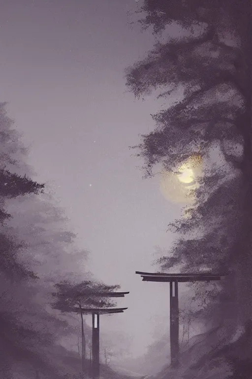 Image similar to Japanese Torii in a moutain with trees ,night , by Grzegorz Rutkowski, concept art