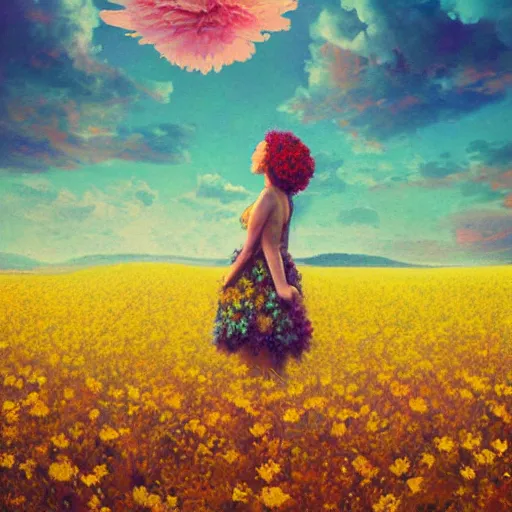 Image similar to large flower afro, full body, girl standing in the middle of a field with flowers, surreal photography, hills, sunrise dramatic light, impressionist painting, colorful clouds, digital painting, pointillism, artstation, simon stalenhag