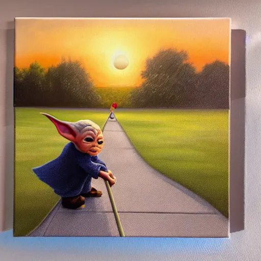 Image similar to high - angle view, shot from 5 0 feet distance, baby yoda strolls plays on a seesaw in a city park. a balloon vender in the background. dramatic clouds, setting sun. golden hour, oil on canvas painting, detailed, depth, volume, chiaroscuro, quiet intensity, serene.