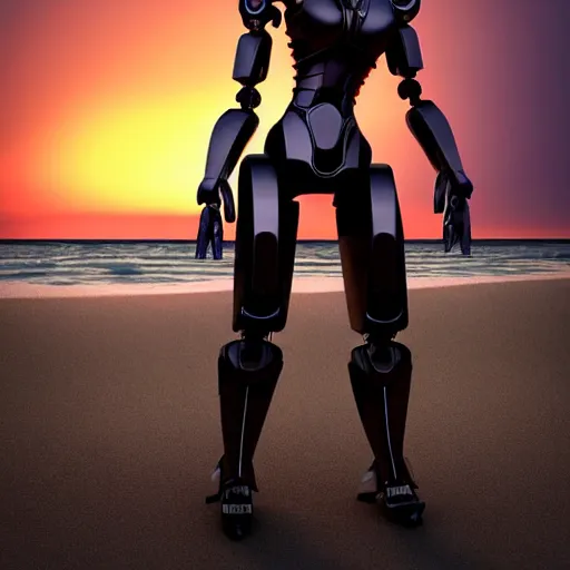 Image similar to cinematic chest up shot, realistic detailed stunning beautiful humanoid anthropomorphic female robot dragon, looking to the side with an elegant pose of hand on hip, smooth and streamlined armor and design made of steel, sharp claws and sharp teeth, high quality head, Slick LEDs, on the beach during sunset, high quality, cinematic art, sci fi, sunset lighting, 3D render, 8k, artstation, deviantart, furaffinity