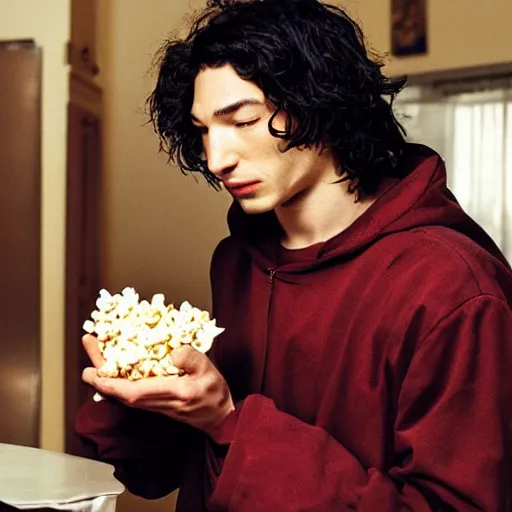 Image similar to photo of ezra miller as flash eating popcorn, national geographic, morning, daylight