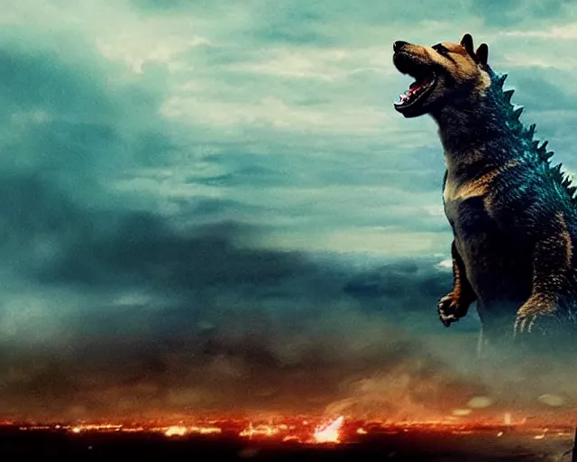 Image similar to godzilla as a shiba inu in a Godzilla: King of the Monsters still film directed by Christopher Nolan, shooting beams from its mouth and toppling over cities, epic action scene